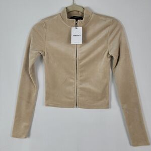 Forever 21 Tan Mockneck Full Zip Up Fleece Long Sleeve Crop Cardigan Size L NWT
